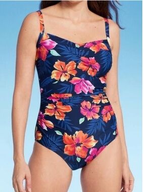Lands’ End Navy Blue W/ Orange & Pink Floral Print Size 2X